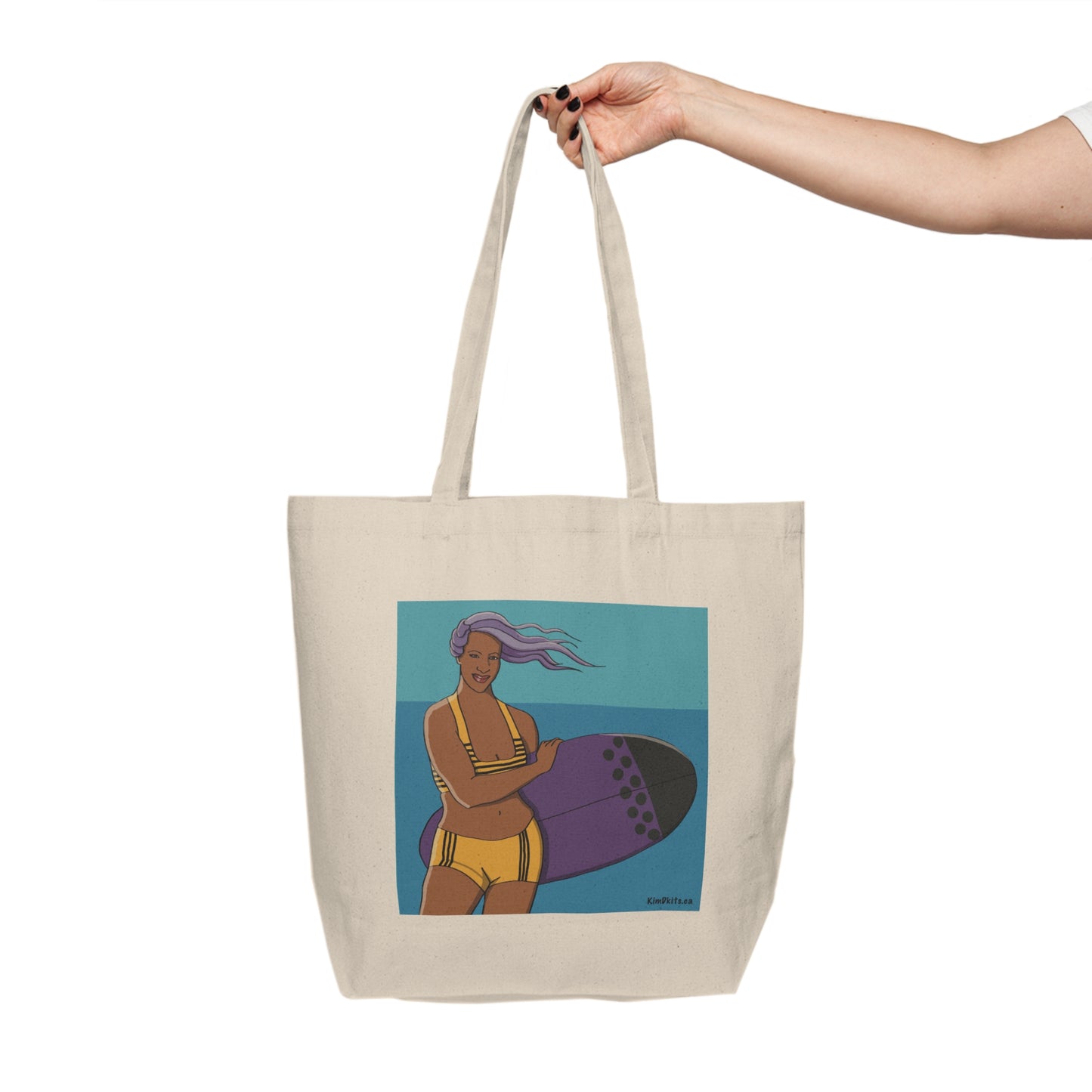 Tote Bag, Surfer in Yellow Suit with Purple Board
