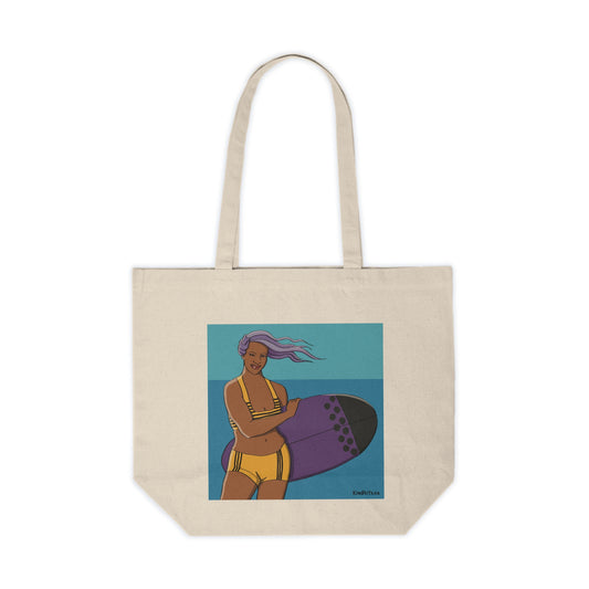 Tote Bag, Surfer in Yellow Suit with Purple Board