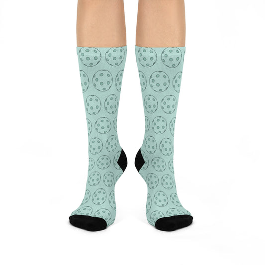 Crew Socks, Cushioned Soles, Pickleball Ball Pattern, Light Turquoise