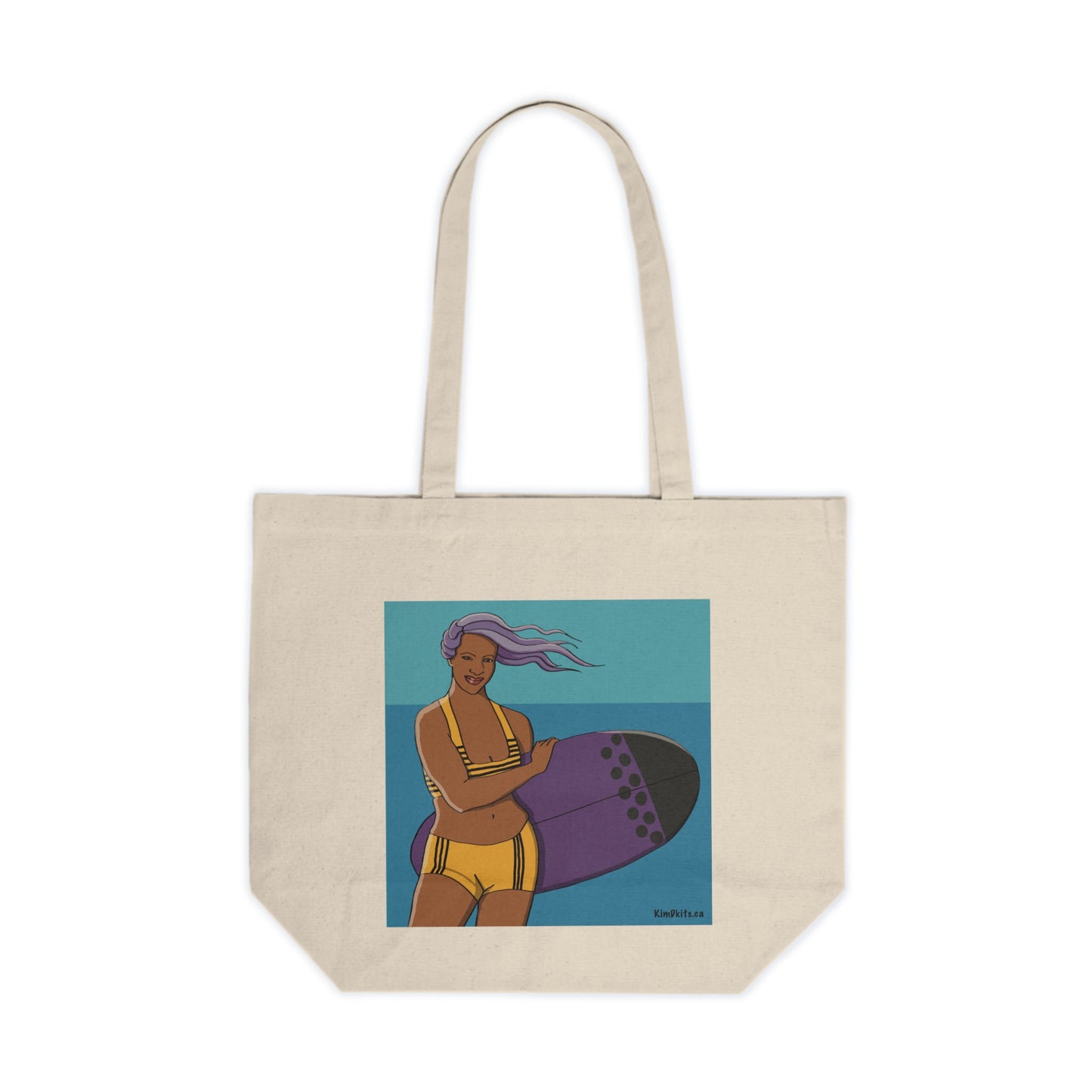 Tote Bag, Surfer in Yellow Suit with Purple Board