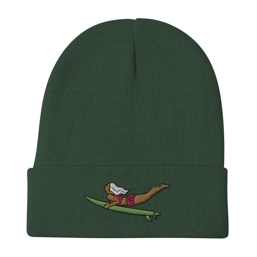 Embroidered Knit Beanie Hat, Duck-Diving Surfer