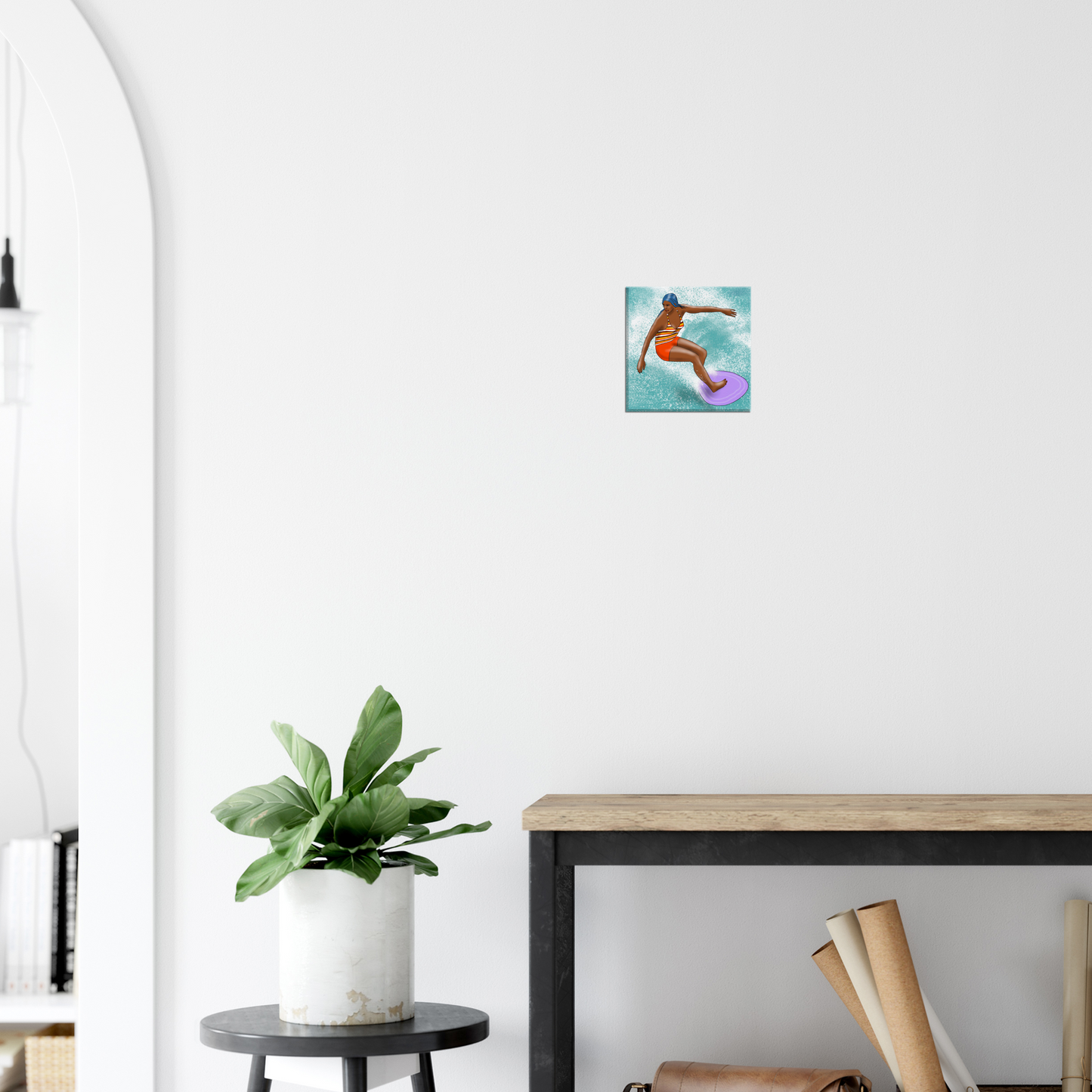 Canvas Wall Art, 8" x 8", Surfer in Stripes, Purple Board