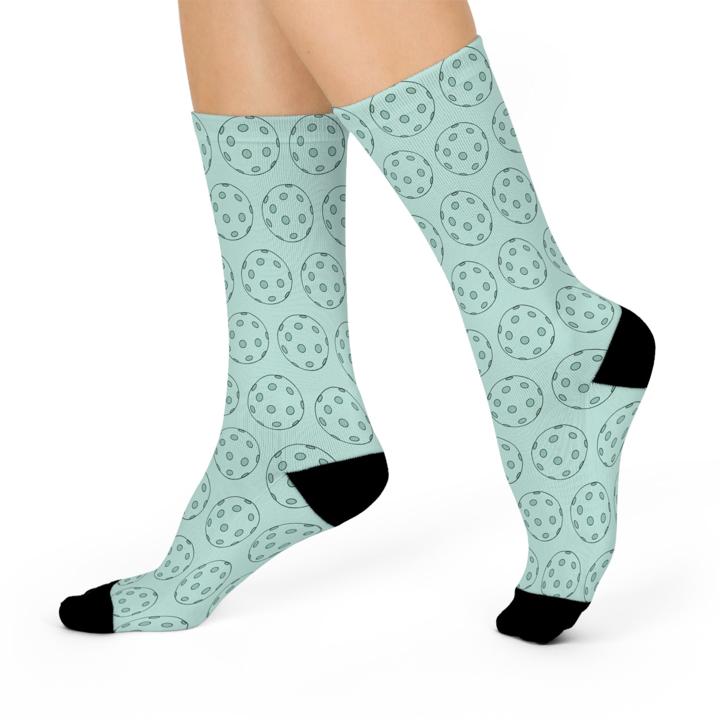 Crew Socks, Cushioned Soles, Pickleball Ball Pattern, Light Turquoise