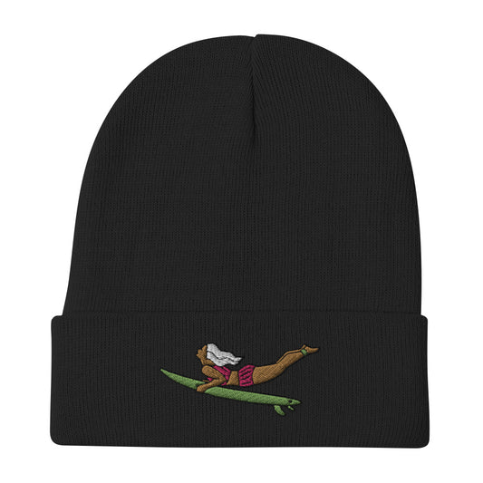 Embroidered Knit Beanie Hat, Duck-Diving Surfer