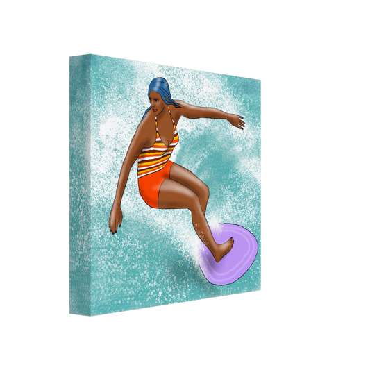 Canvas Wall Art, 8" x 8", Surfer in Stripes, Purple Board