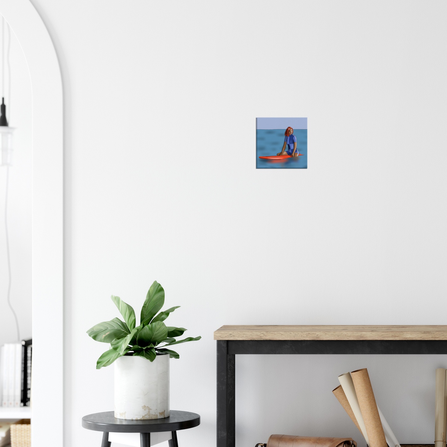 Canvas Wall Art, 8" x 8", Surfer in Plaid Suit, Orange Board